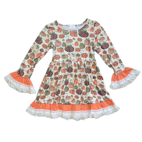 Girls Fall Pumpkin Thanksgiving Halloween Longsleeve Dress with Fringe Ruffle 3T - Picture 1 of 9